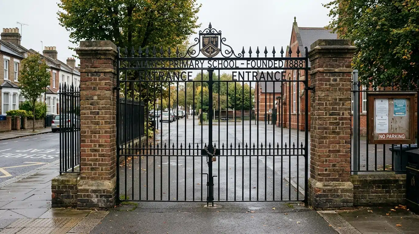 Portail d'une école britannique, lieu discret et sécurisé
