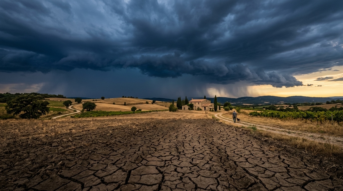 Champ français sec sous un ciel d'orage annonciateur de pluie
