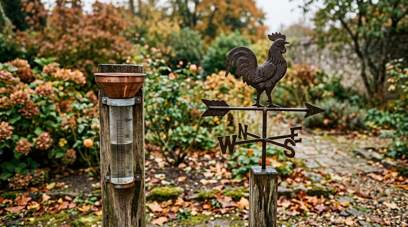 Pluviomètre et girouette dans un jardin d'automne humide