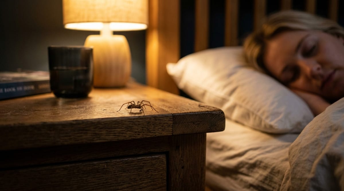 Araignée près d'un lit dans une chambre sombre