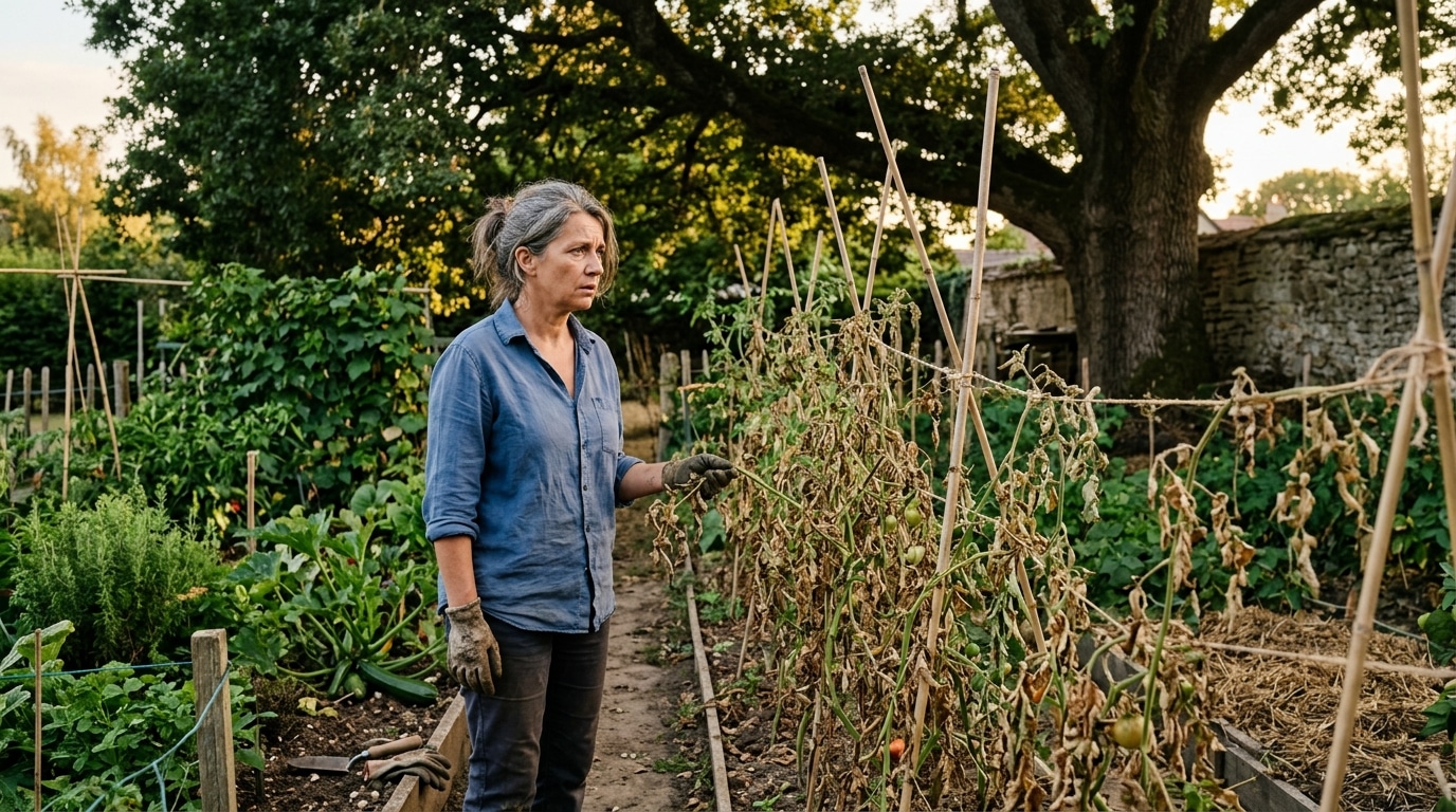Femme inquiète devant son potager à l'ombre d'un arbre
