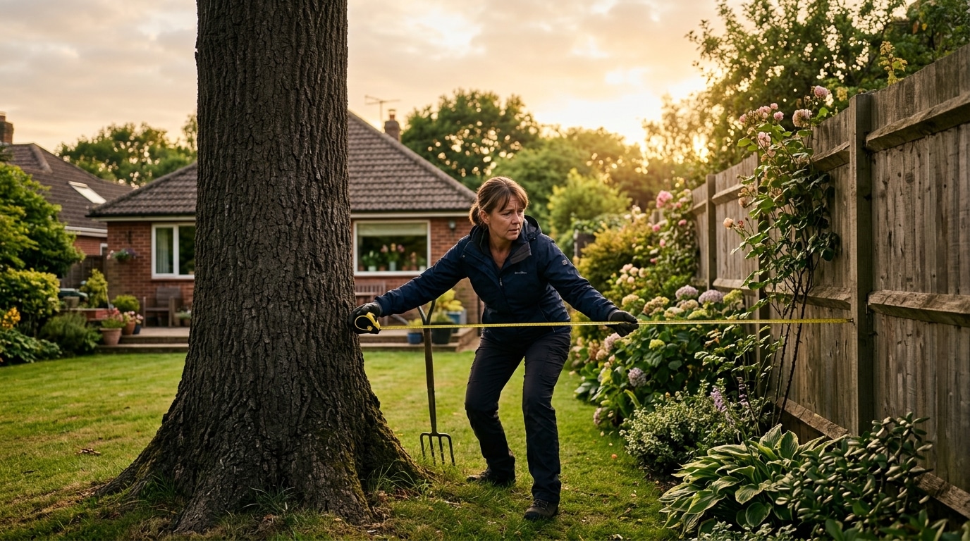 Homme mesurant la distance entre un arbre et la clôture