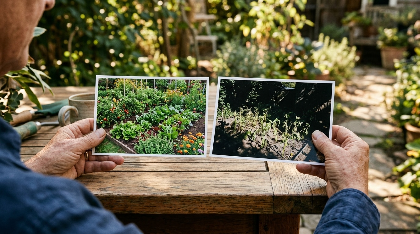 Photos comparant un potager ensoleillé et un potager ombragé