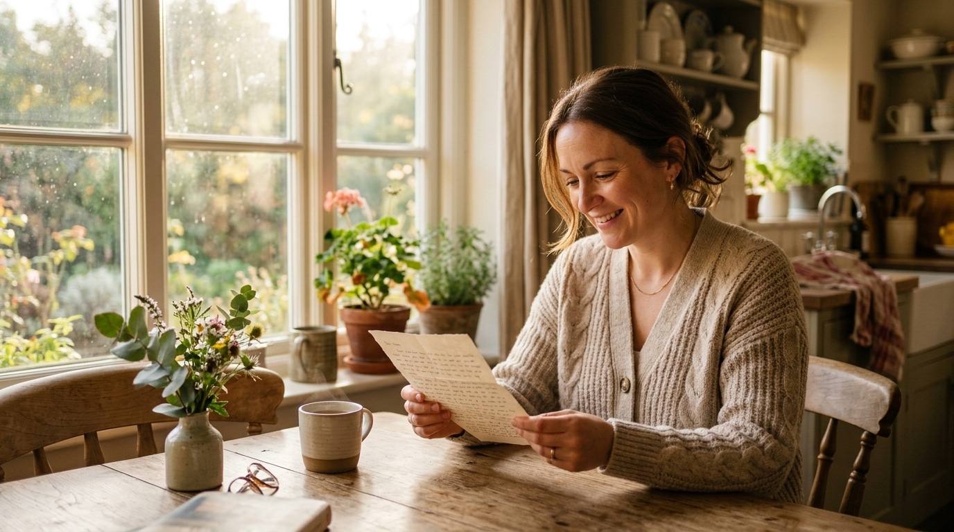 Femme souriante lisant une lettre à sa table de cuisine