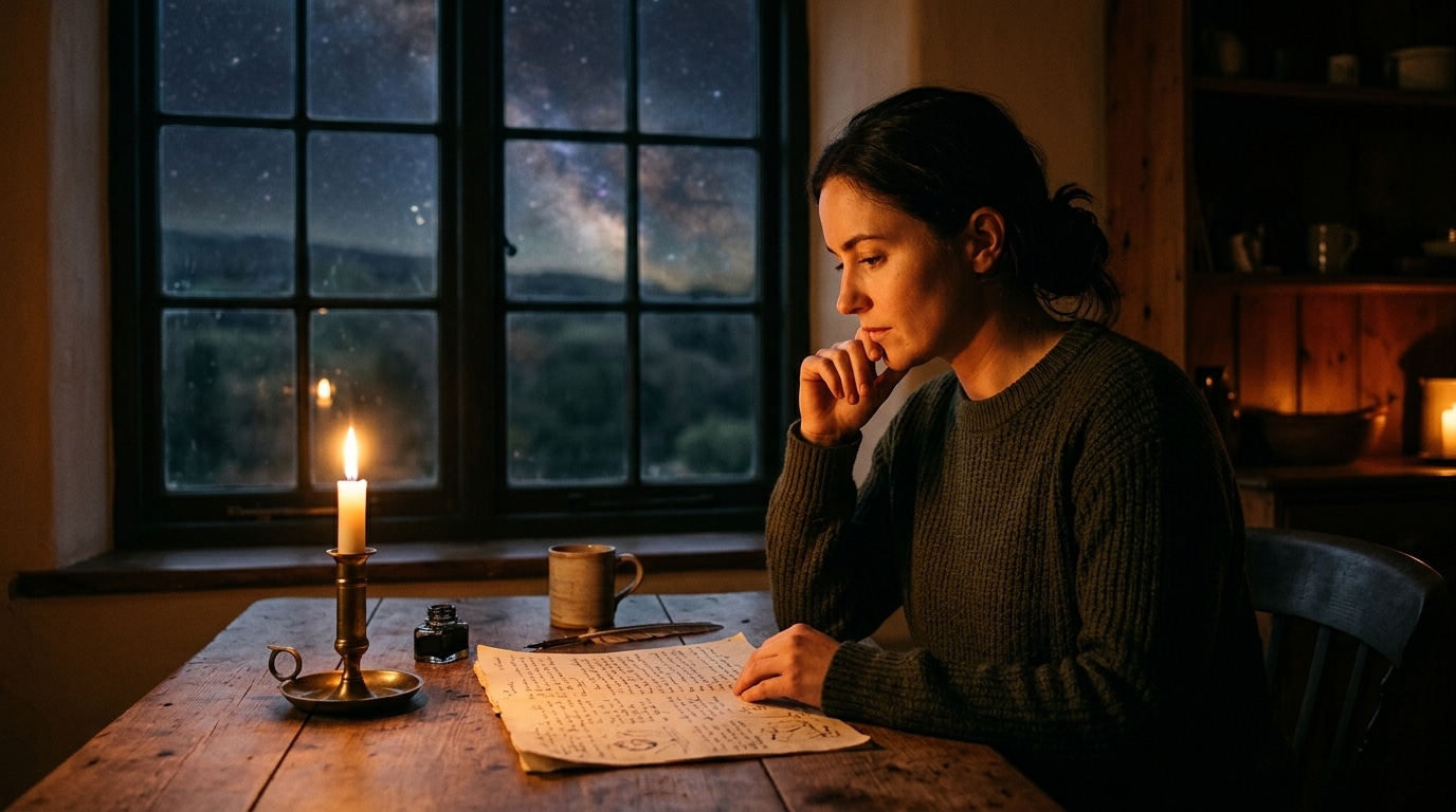 Personne pensive à la bougie consultant un document le soir