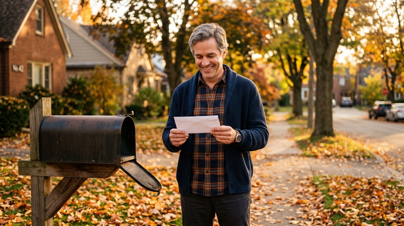 Homme soulagé devant sa boîte aux lettres en automne