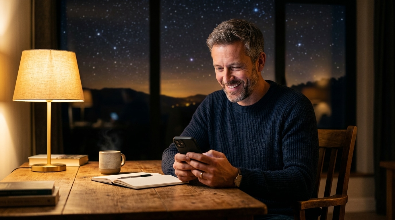 Homme souriant vérifiant son compte en banque le soir