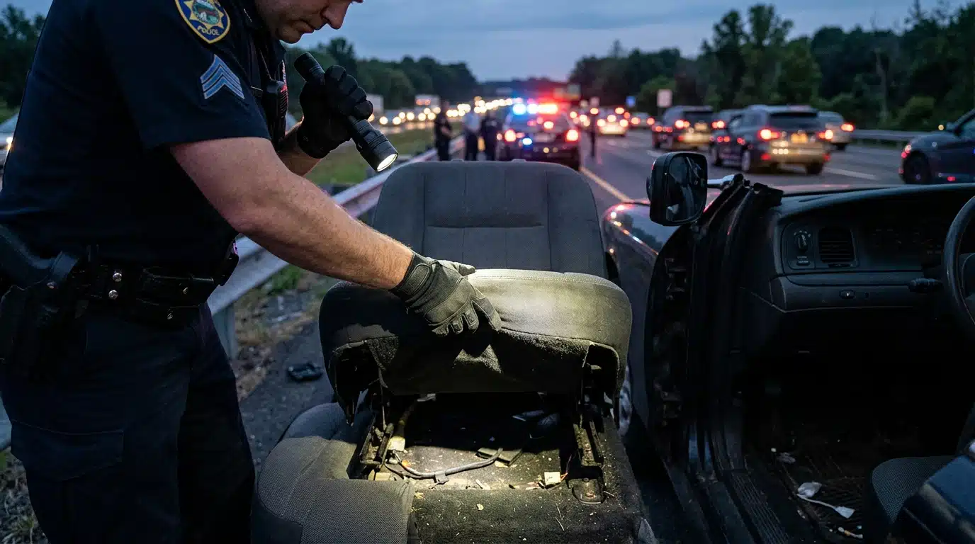 Policier inspectant sous le siège d'une voiture