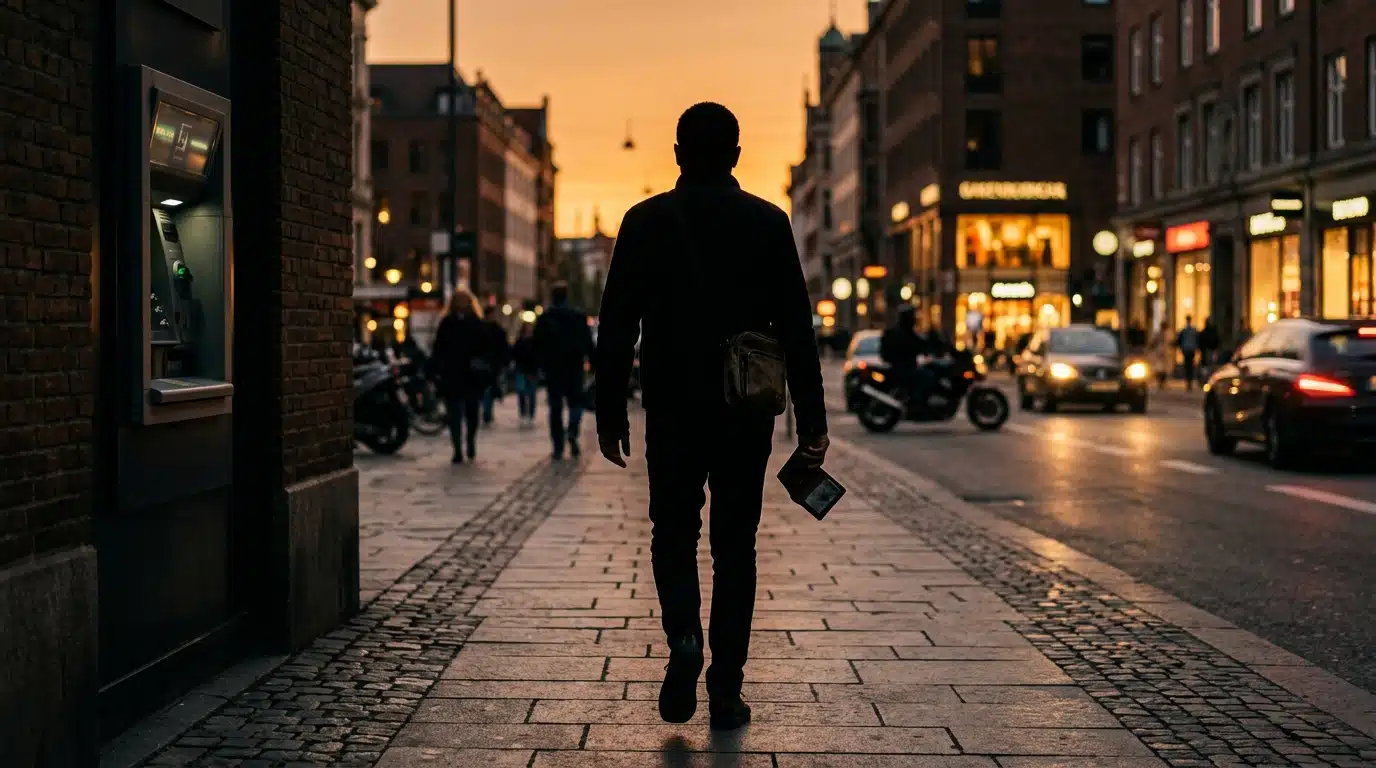 Silhouette d'un homme démuni près d'un distributeur