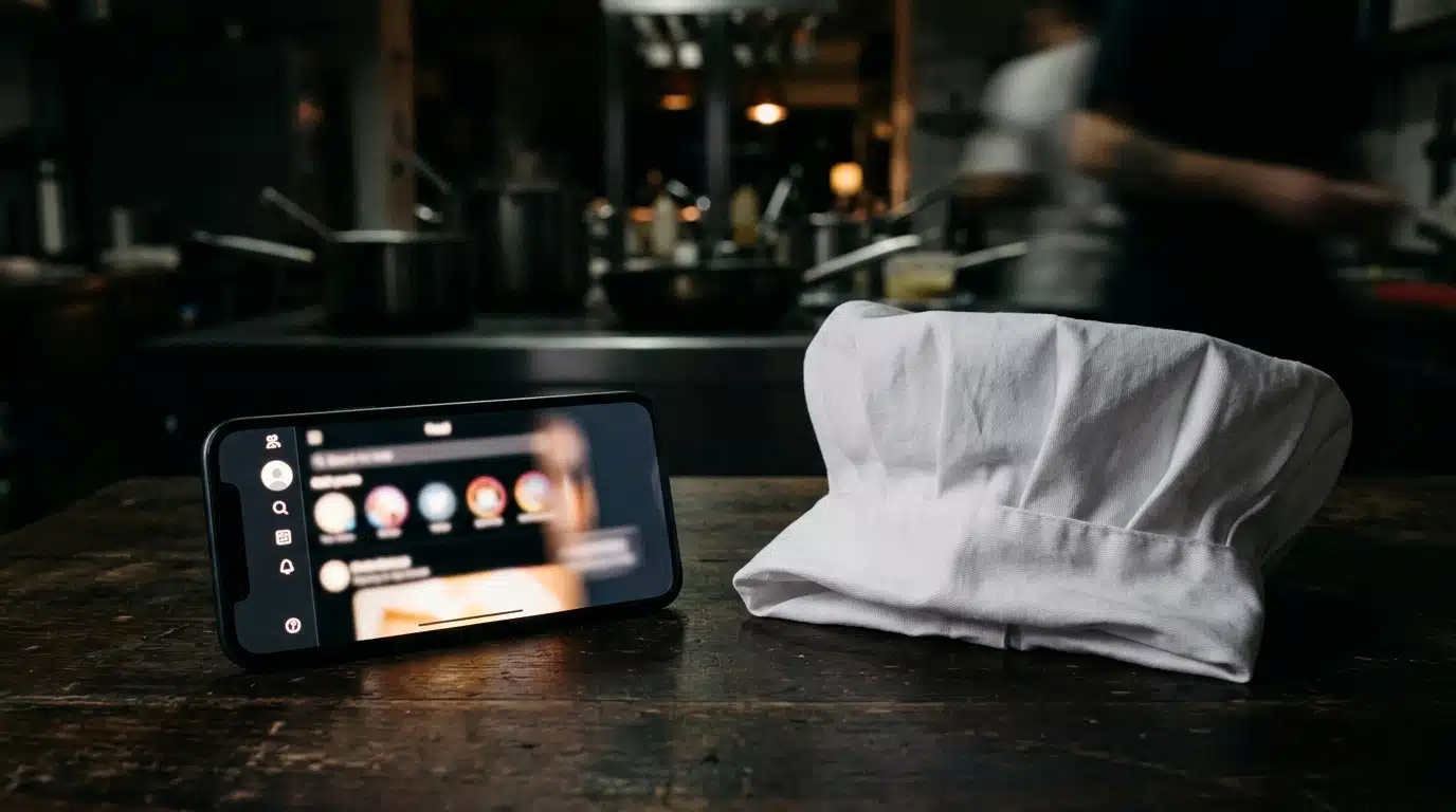 Smartphone éteint près d'une toque de cuisinier