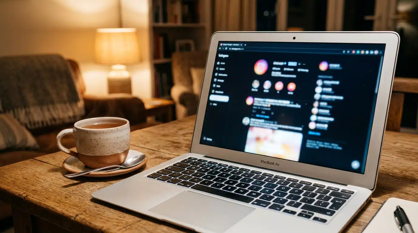 Ordinateur portable ouvert avec tasse de thé