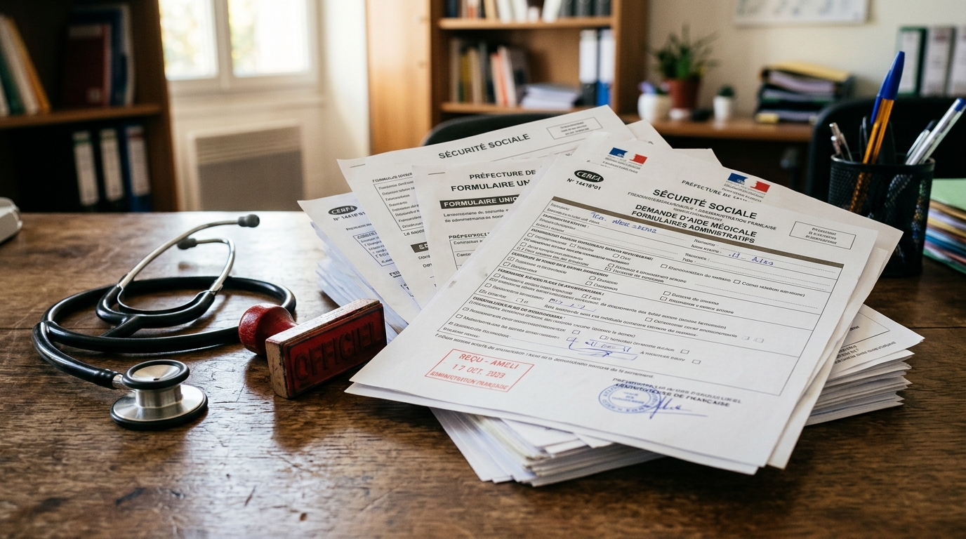 Documents administratifs et stéthoscope sur un bureau