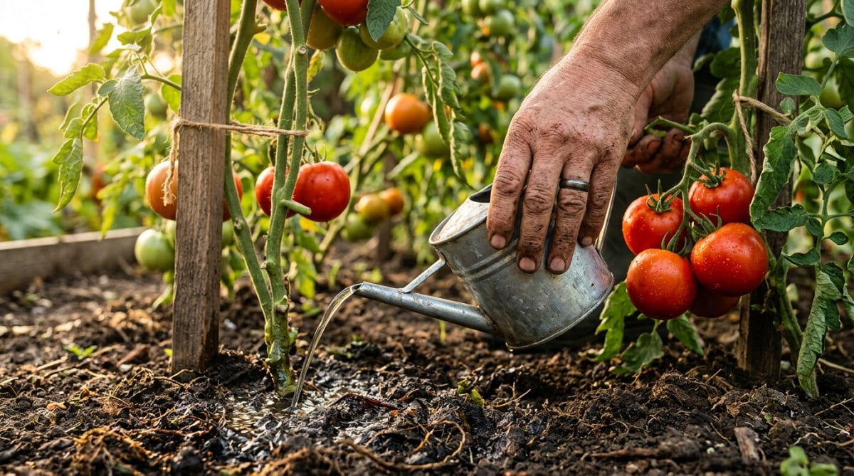 Arrosage régulier au pied d'un plant de tomate