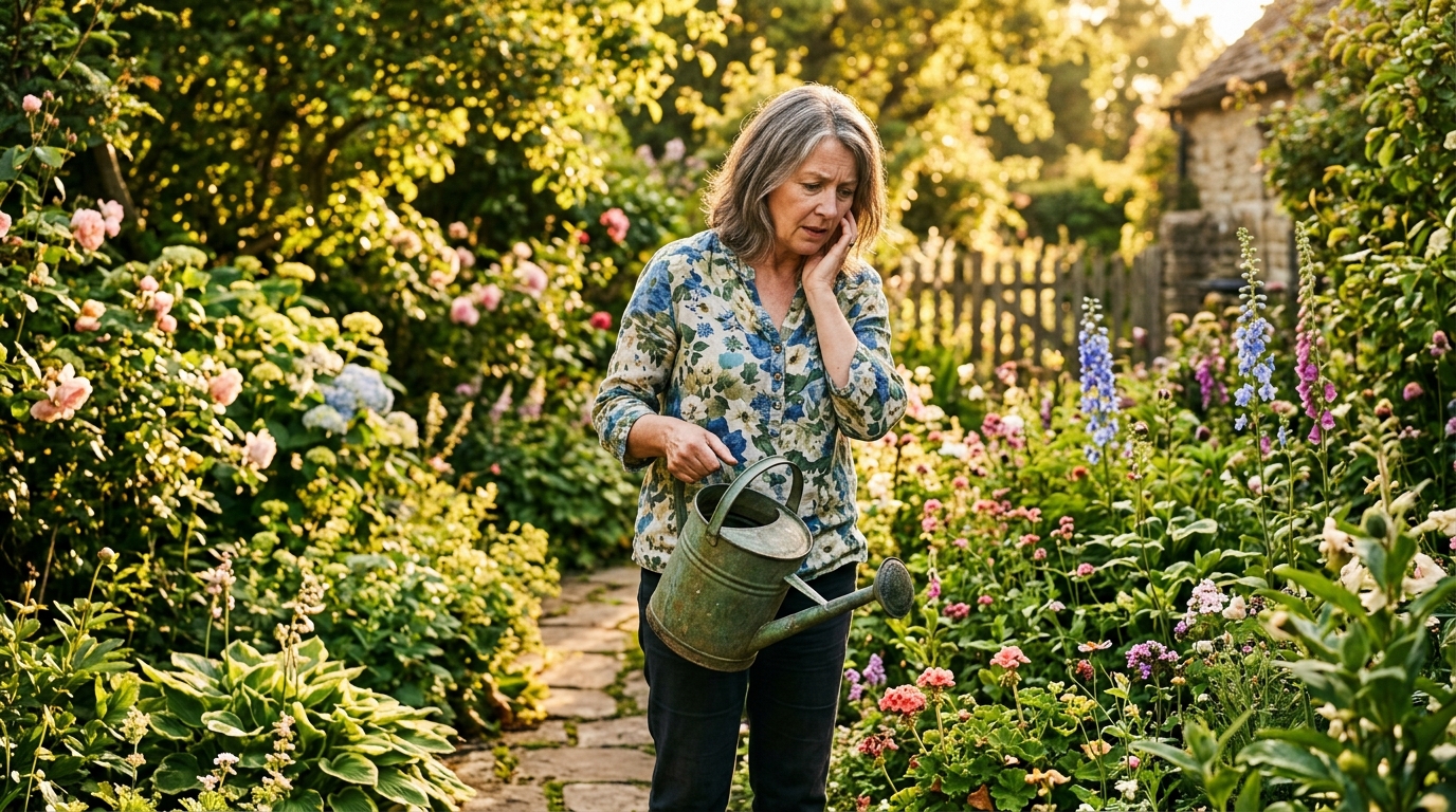 Femme hésitante avec arrosoir dans un jardin ensoleillé