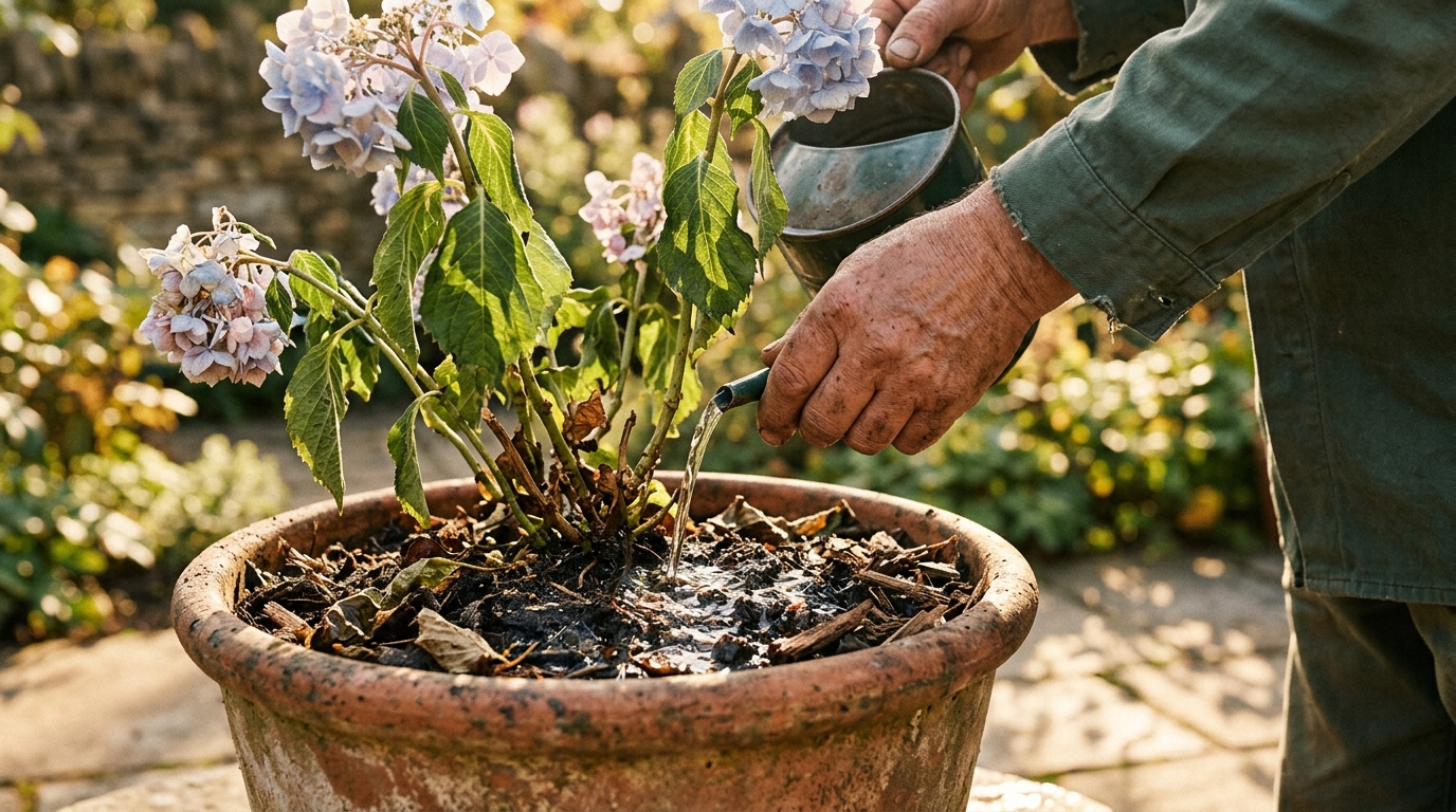 Arrosage au pied d'un hortensia en pot sous le soleil