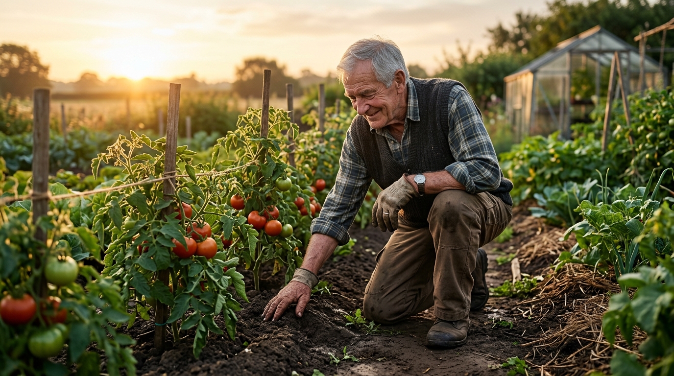 Jardinier vérifiant l'humidité du sol au potager le matin