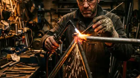 Artisan brasant un cadre de vélo à la main