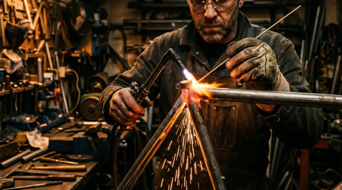 Artisan brasant un cadre de vélo à la main