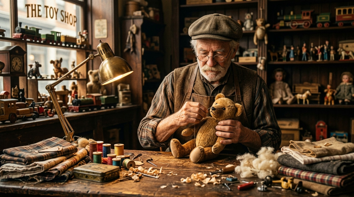 Artisan cousant un ourson en peluche à la main