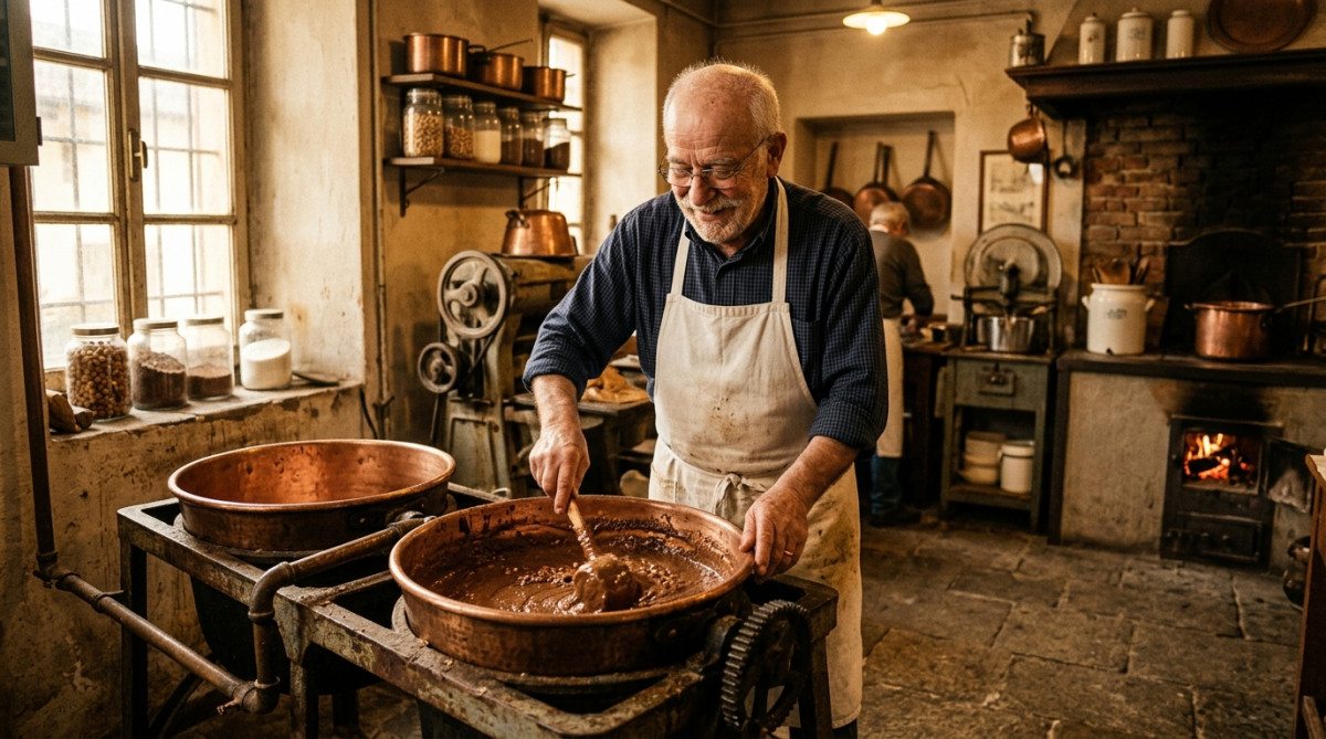 Artisan italien préparant la pâte à tartiner en cuisine