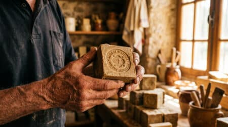 Artisan tenant un vrai savon de Marseille estampillé