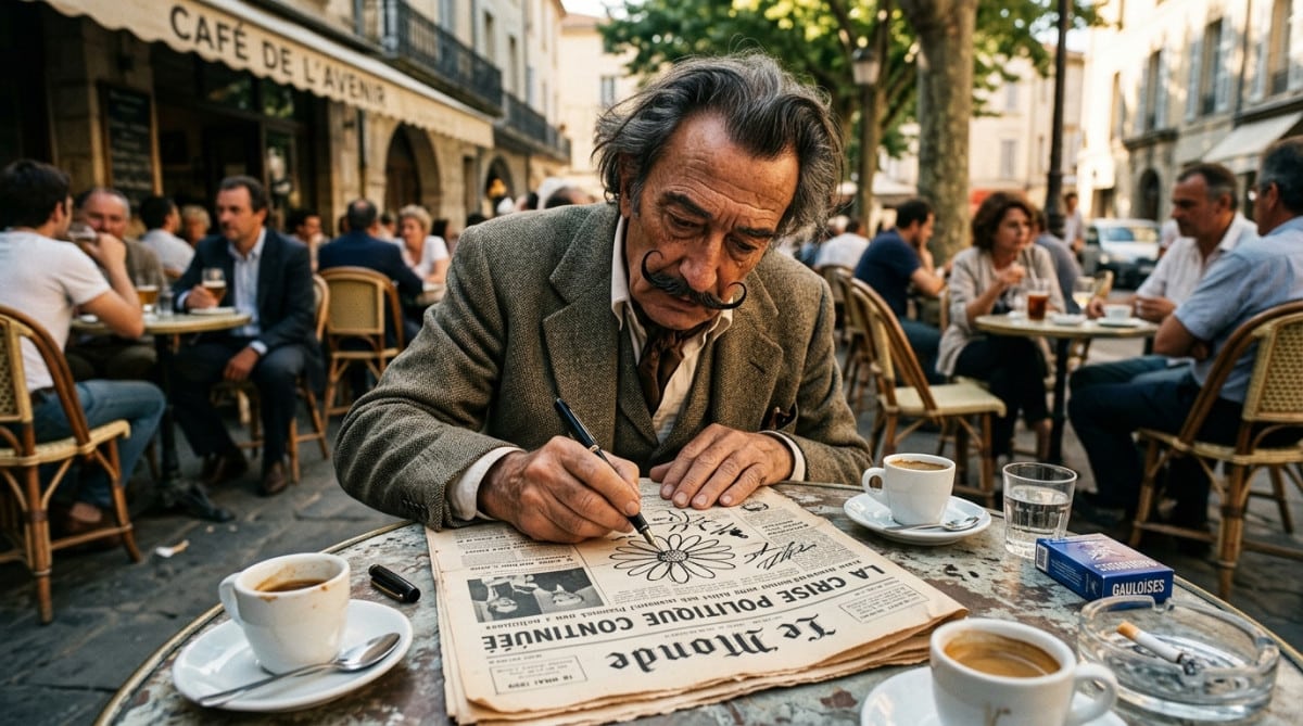 Artiste dessinant le logo marguerite à la terrasse d'un café en 1969