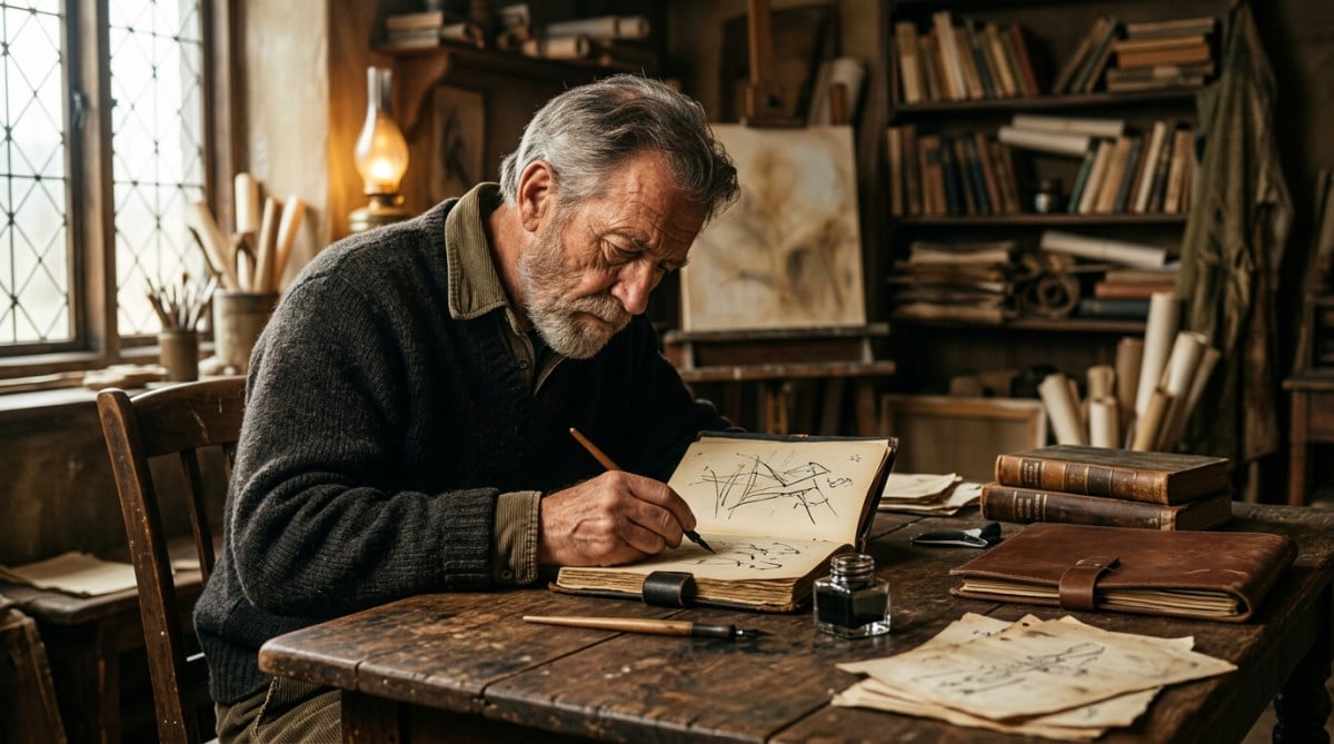 Artiste écrivant dans un carnet noir à l'ancienne