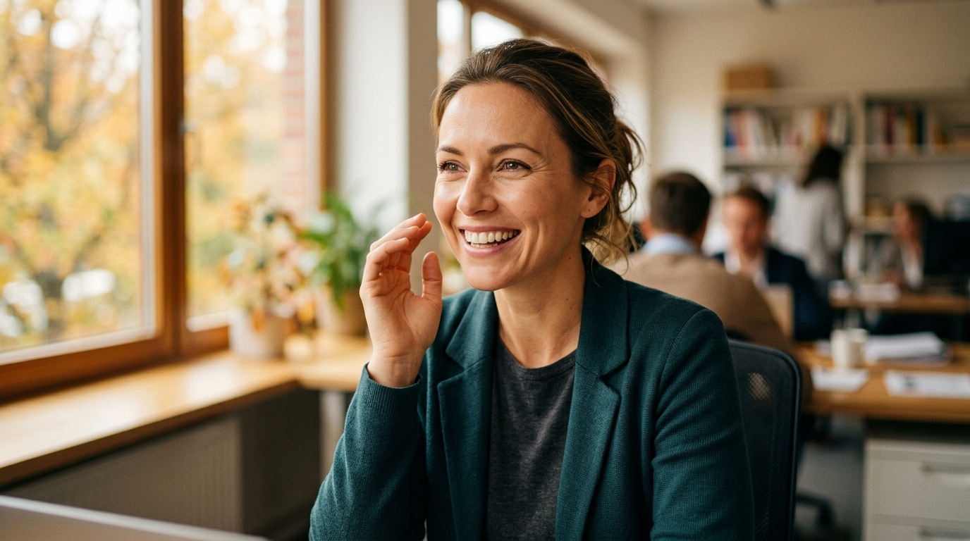 Femme souriante au bureau lumière d'automne