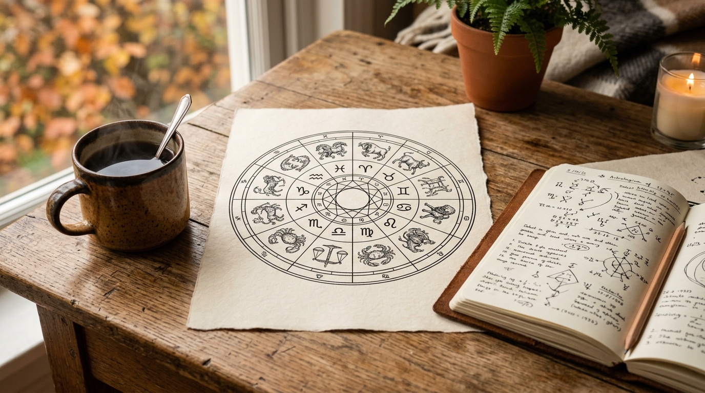 Roue astrologique posée sur un bureau en bois