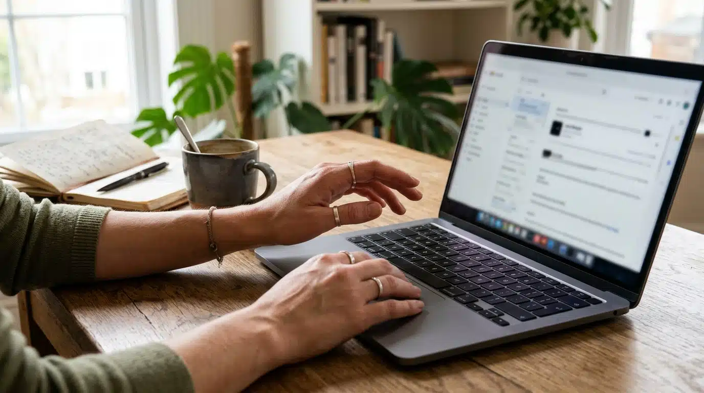 Main hésitante au-dessus d'un clavier d'ordinateur portable