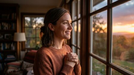 Femme souriante et apaisée devant une fenêtre au coucher du soleil