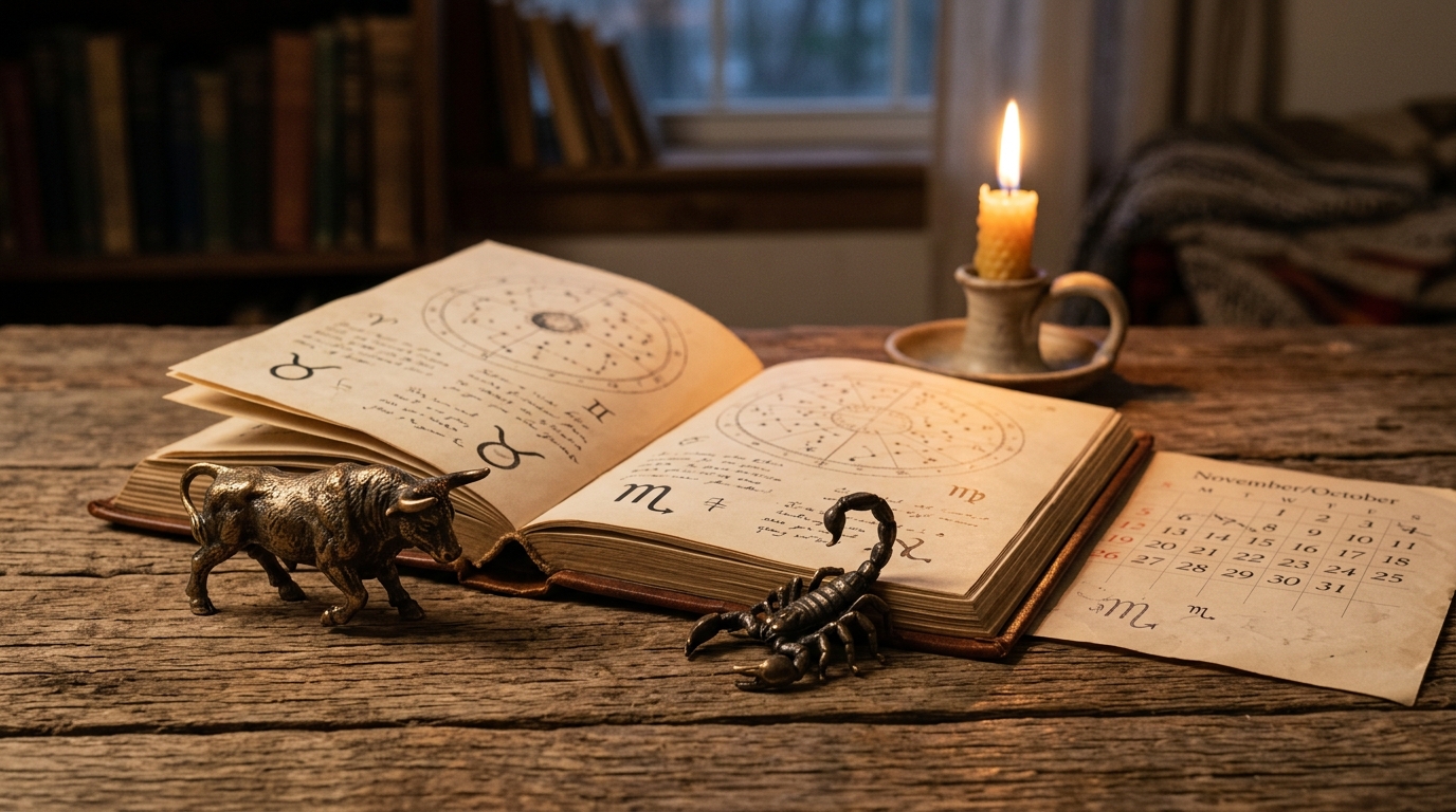 Figurines zodiacales taureau et scorpion près d'un calendrier