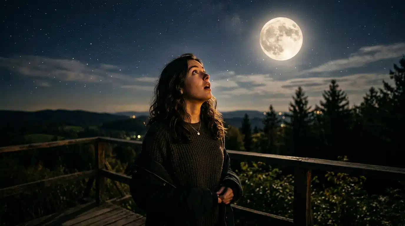 Femme regardant une pleine lune la nuit