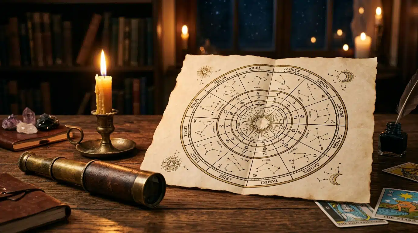 Carte astrologique et roue du zodiaque sur bureau