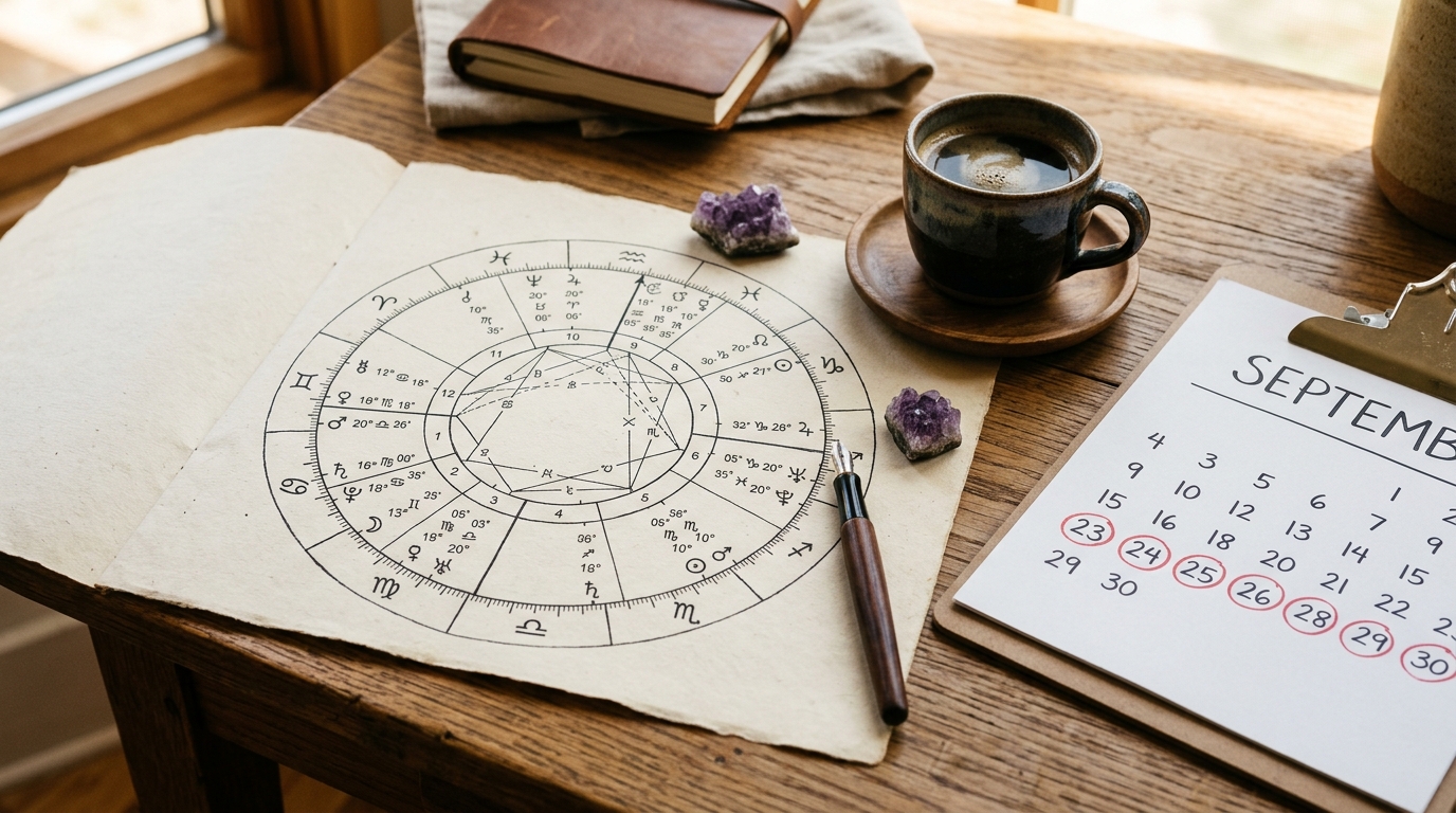Carte astrologique et calendrier de fin septembre sur bureau