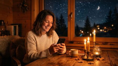 Femme souriante consultant son horoscope financier le soir