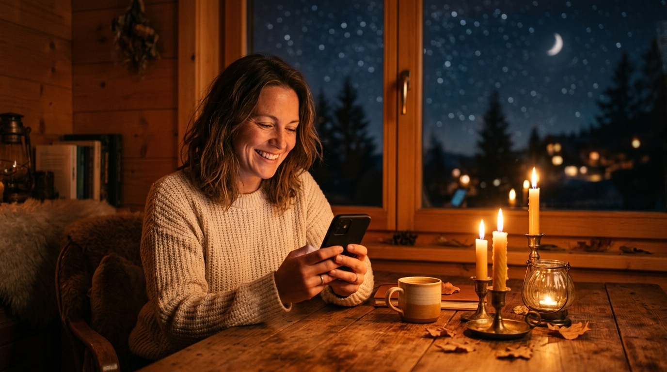 Femme souriante consultant son horoscope financier le soir