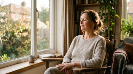 Femme souriante détendue près d'une fenêtre ensoleillée