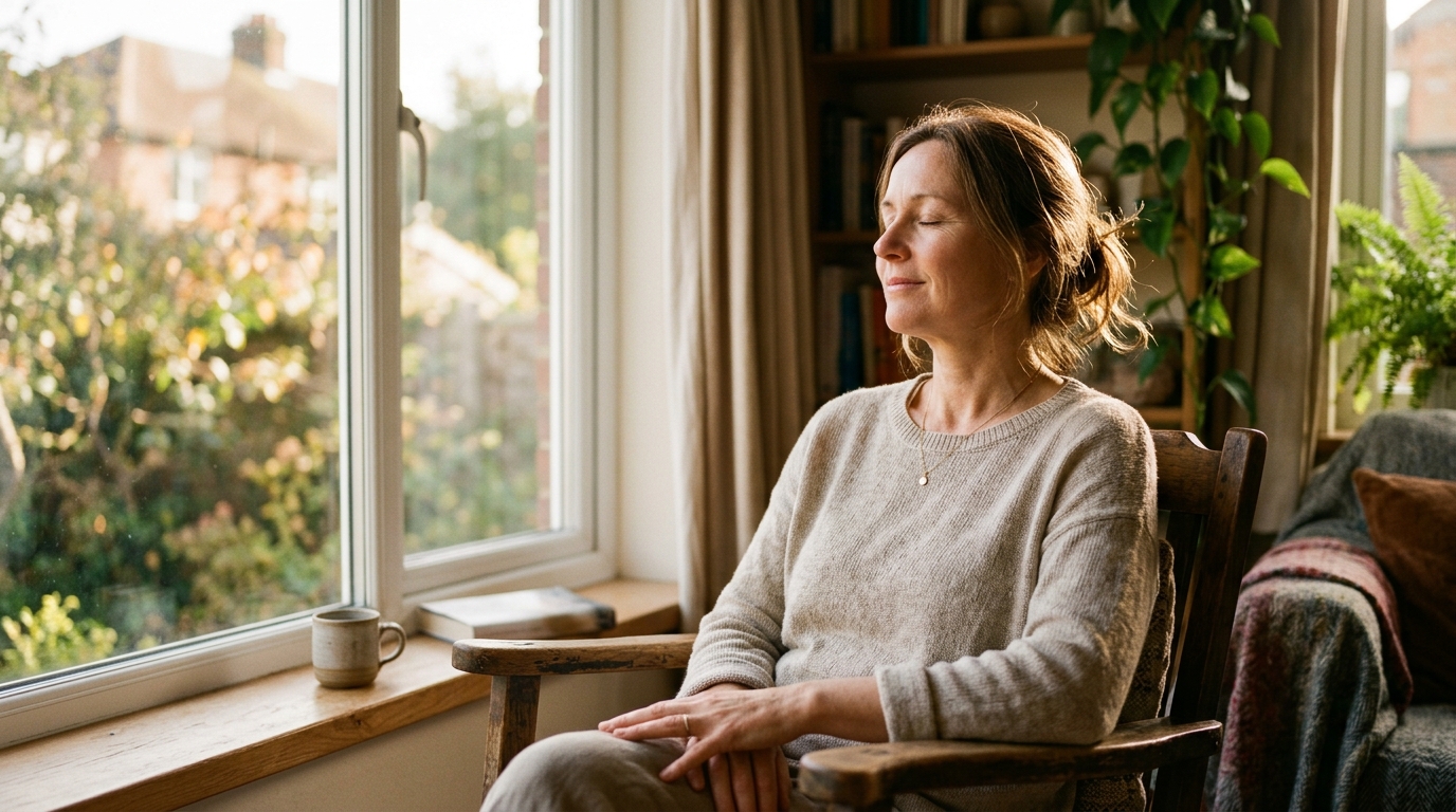 Femme souriante détendue près d'une fenêtre ensoleillée