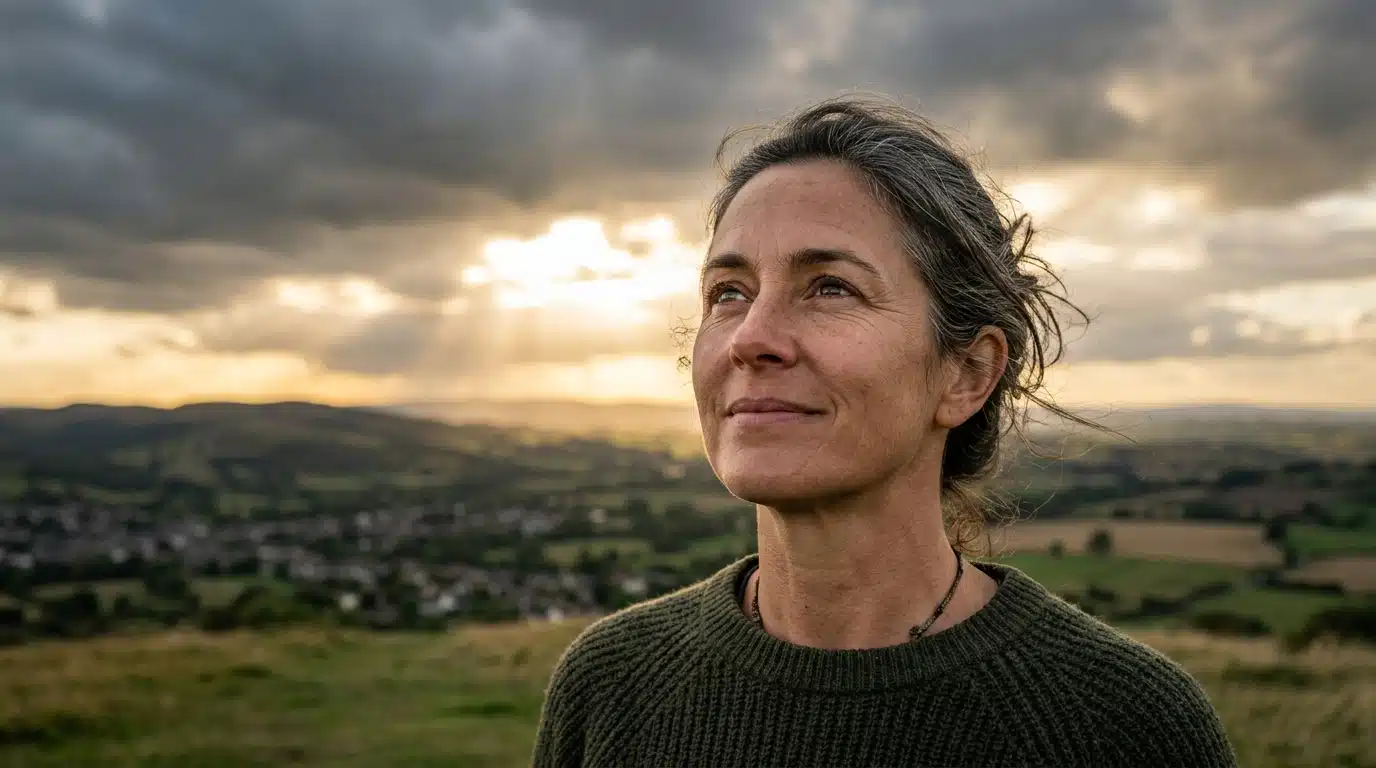Visage souriant et soulagé sous une lumière chaude