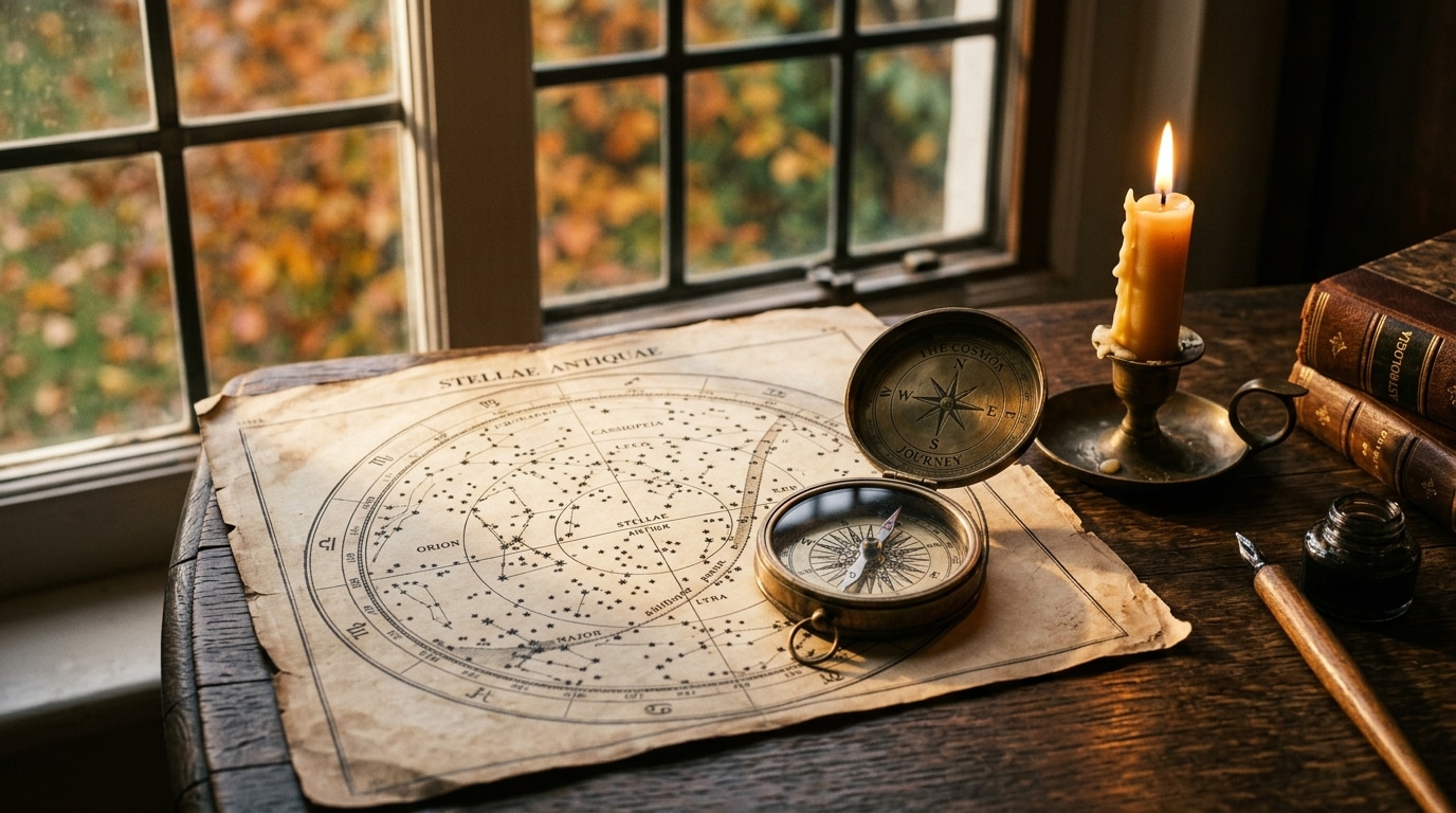 Compas ancien et carte astrologique sur bureau en bois