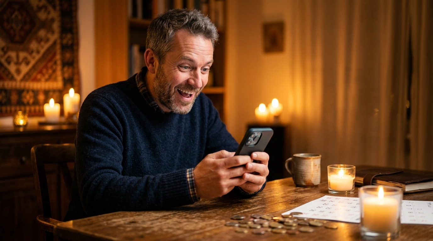 Homme heureux consultant son téléphone avec chance financière