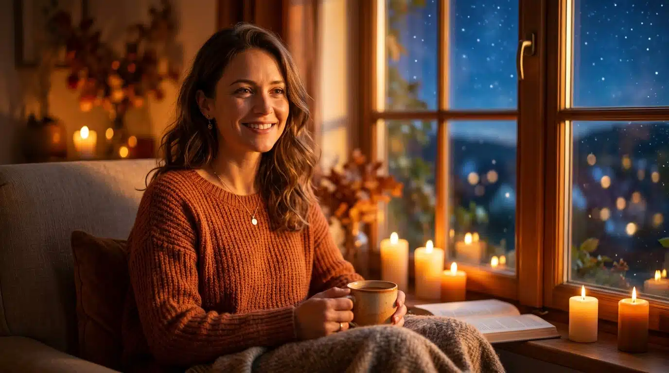 Femme souriante dans une ambiance dorée d'automne mystique