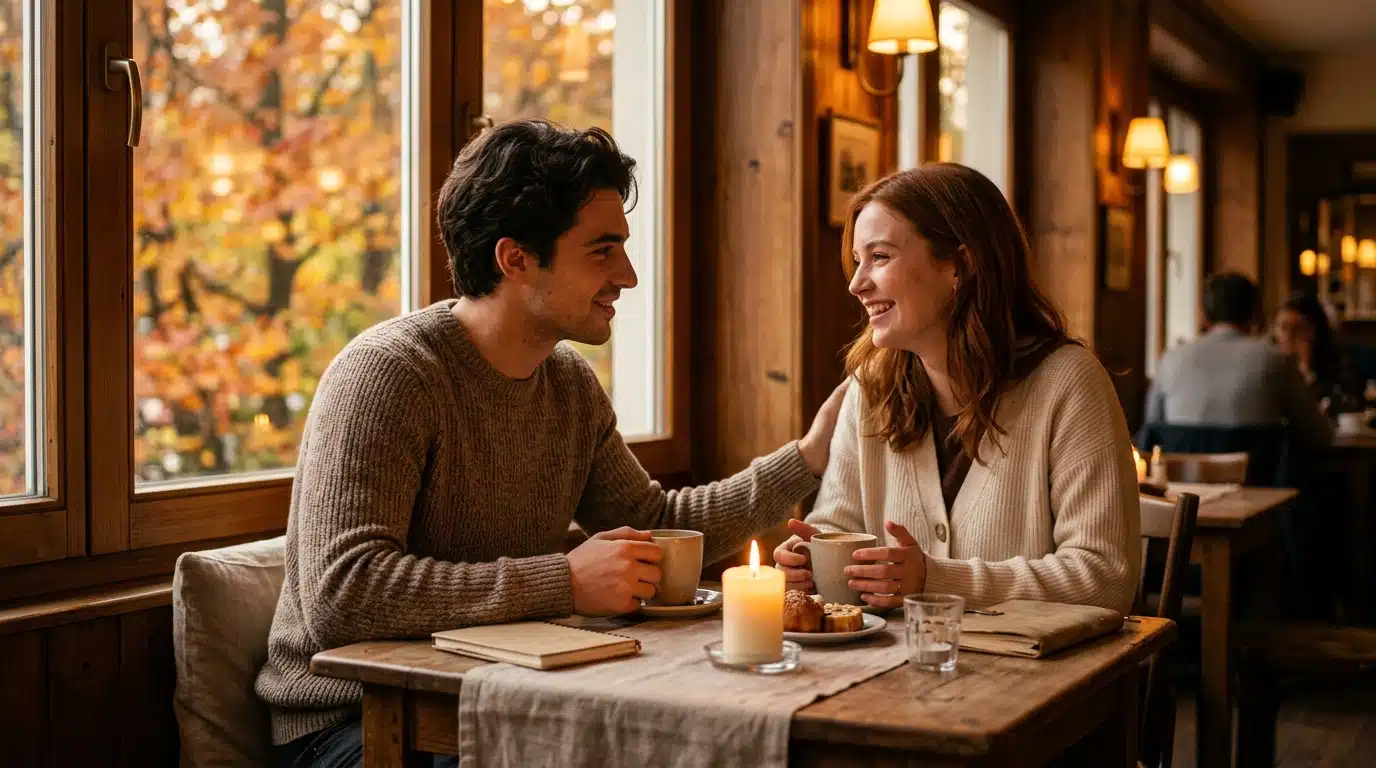 Couple partageant un moment tendre en terrasse à l'automne