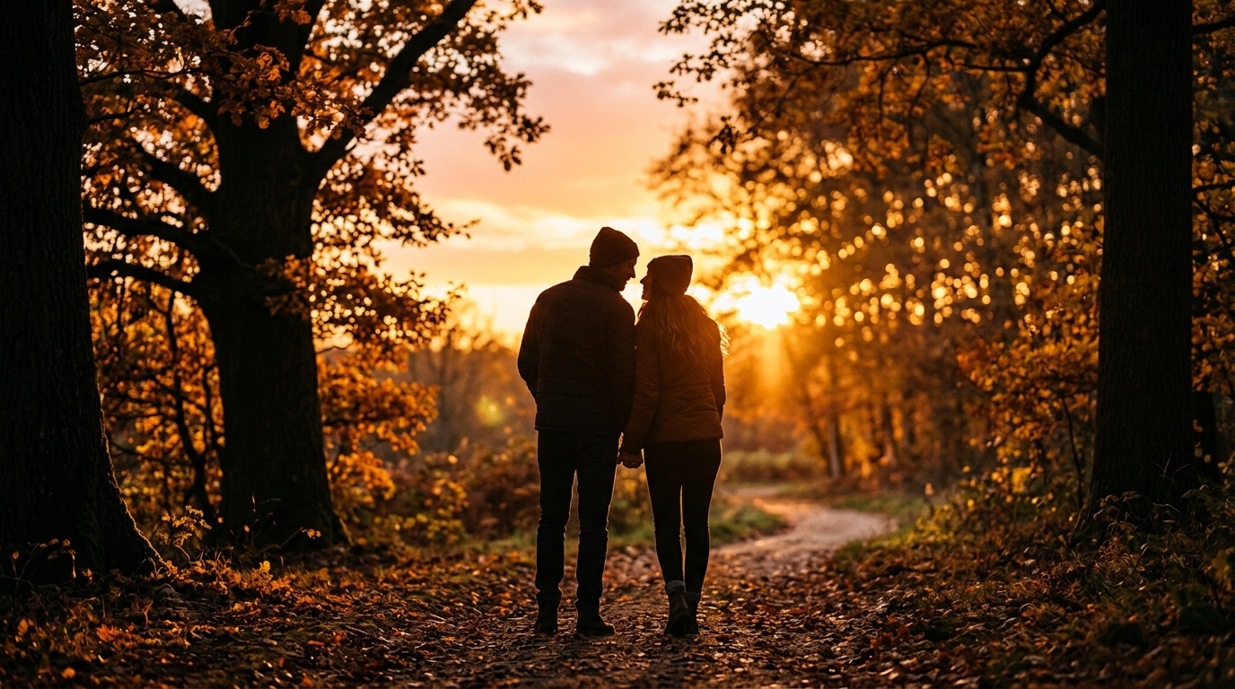 Couple se tenant la main sous un coucher de soleil doré