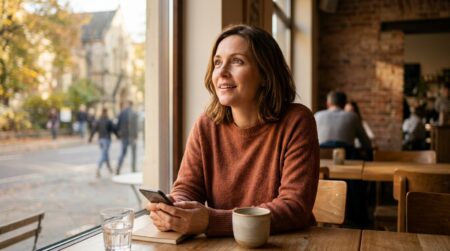 Femme souriante attablée seule dans un café automnal