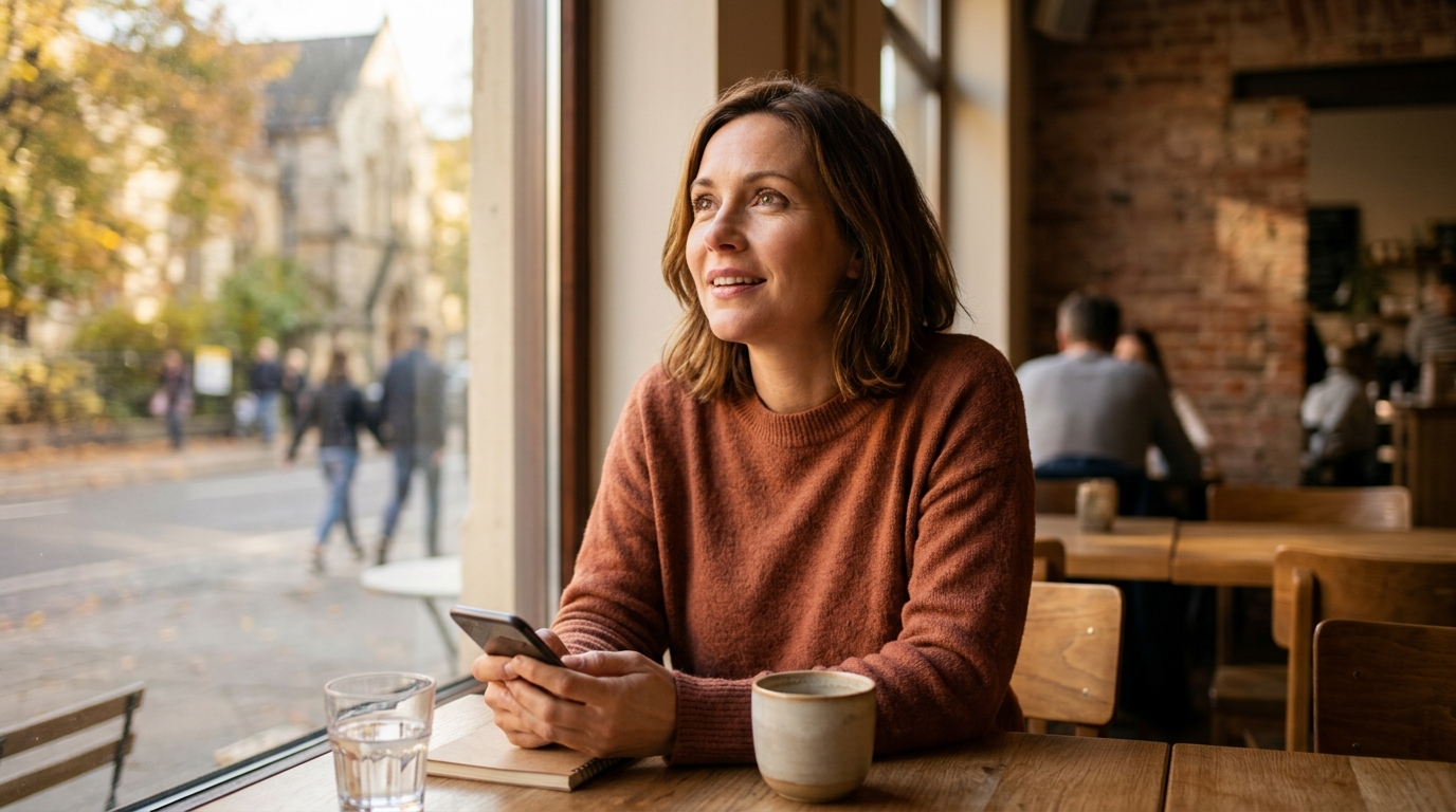 Femme souriante attablée seule dans un café automnal