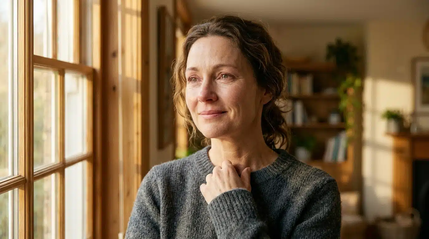 Personne souriante au réveil dans une lumière dorée