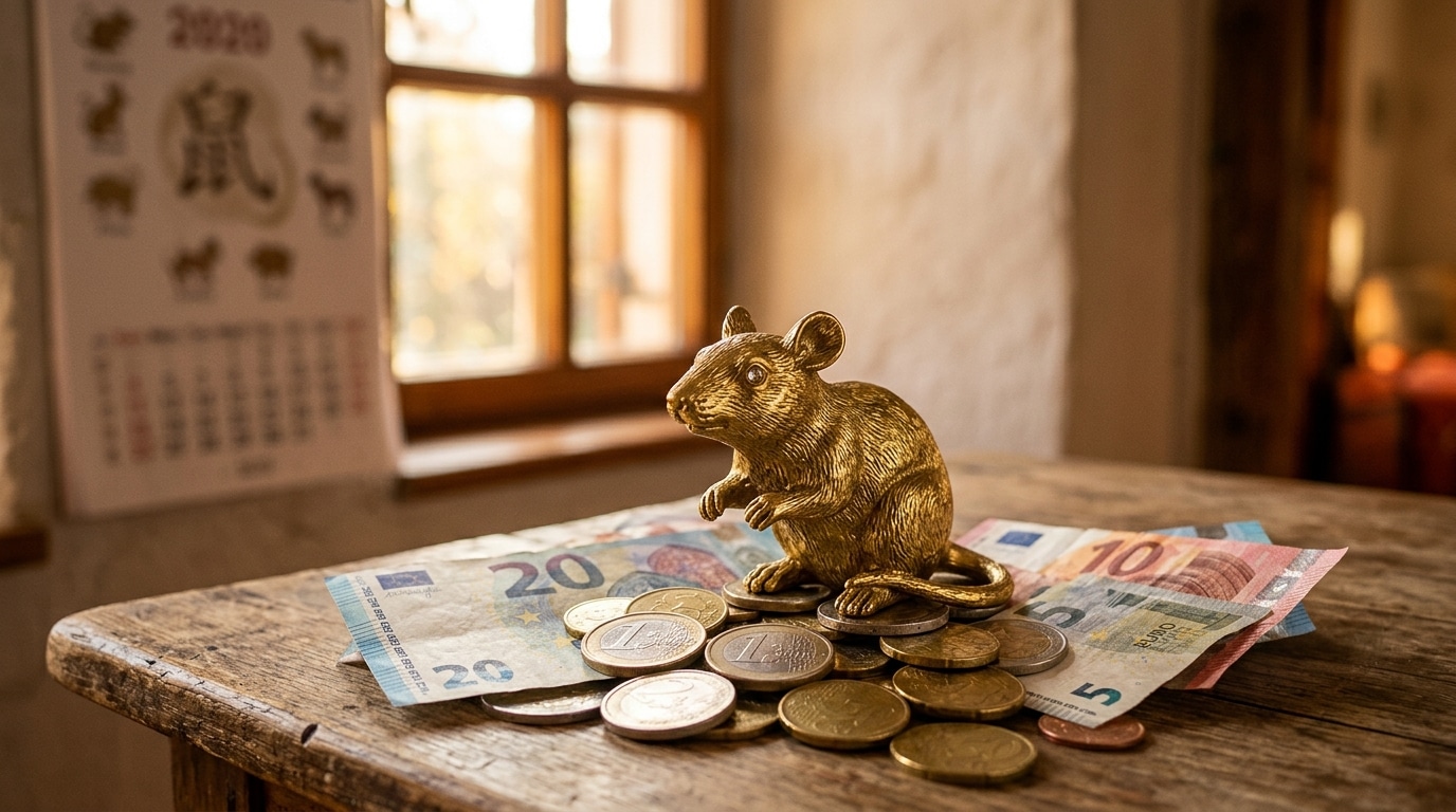 Figurine dorée de rat posée sur des pièces d'euros