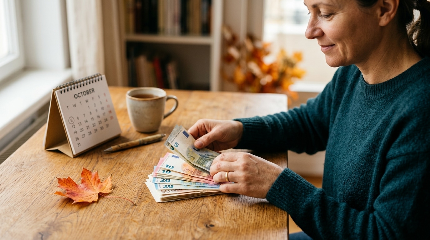 Mains comptant des billets près d'un calendrier d'octobre